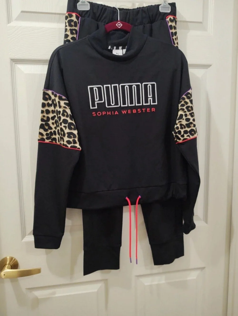 Sophia Webster Black PUMA Sweatshirt/Pant with Leopard Accent and Pink Piping - Picture 1 of 13